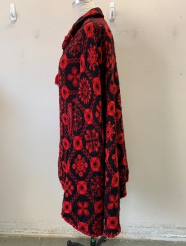 N/L, Red, Black, Acrylic, Geometric, Collar, Tie Neck with Trim and Tassle, Bound Hand Openings, Alteration at Shoulders
