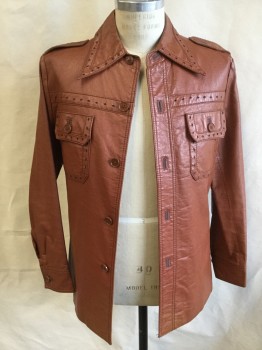 MALE DUDS, Brown, Leather, Solid, with Cut-out Small Diamond Trim on Collar Attached, Yoke Front & Back, and 2 Pockets & Flap, Epaulette, Button Front, Orangy-brown Lining,  Long Sleeves, 5" Side Split Hem,(damaged--worn Out Spots on Right Sleeve Near Cuff)