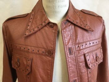 MALE DUDS, Brown, Leather, Solid, with Cut-out Small Diamond Trim on Collar Attached, Yoke Front & Back, and 2 Pockets & Flap, Epaulette, Button Front, Orangy-brown Lining,  Long Sleeves, 5" Side Split Hem,(damaged--worn Out Spots on Right Sleeve Near Cuff)