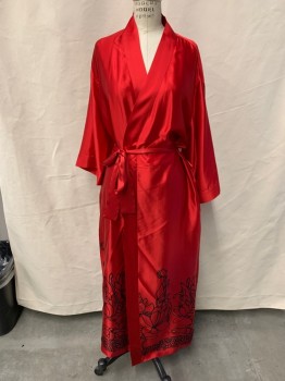 AUGUST MOON, Ruby Red, Silk, Solid, Floral, Open Robe with Belt. Black Floral and Abstract Print, 2 Hidden Pockets