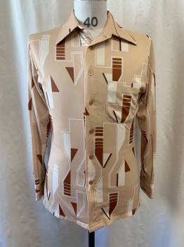 CHARTER CLUB , Beige, Brown, Off White, Polyester, Geometric, Abstract , Collar Attached, Button Front, Long Sleeves, Has Some Snags on Sleeves