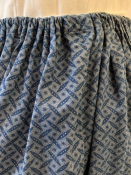 MTO, Blue, Dusty Blue, Cotton, Calico , Pointed Ovals with Trio of Dots Pattern, Adjustable Drawstring Waist, Pleated at Hem for More Length, Made To Order