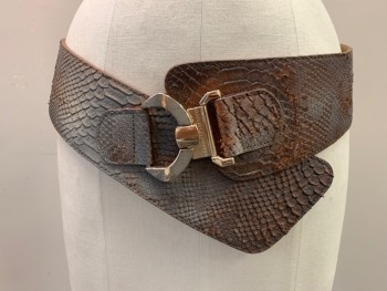 MTO, Sienna Brown, Taupe, Vinyl, Elastane, Reptile/Snakeskin, Elastic Back Belt with Metal Clasp in Front