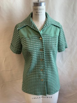 N/L, Emerald Green, Dk Green, White, Polyester, Stripes, Collar Attached, Button Front, Short Sleeves, Emerald Green Front Yoke, Cuffed Sleeves *Some Threading is Coming Undone*