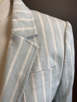 BANANA REPUBLIC, Ice Blue, White, Linen, Cotton, Stripes - Vertical , Single Breasted, 2 Buttons,  3 Patch Pockets, Notched Lapel with Top Stitching