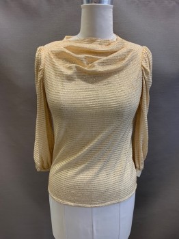 ANTHONY RICHARDS, Gold Metallic, Beige, Acetate, Nylon, 2 Color Weave, High Neck, Cowl Front, L/S