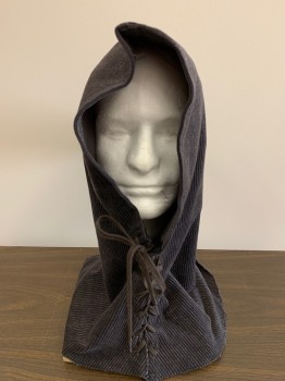 NO LABEL, Faded Black, Cotton, Solid, Aged & Distressed Hood, Long Pointed Back, Neck Lace Up, Corduroy Textured, Made To Order,