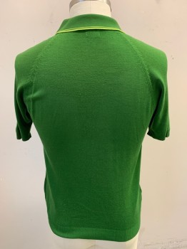 TOWNCRAFT, Dk Green, Acrylic, Solid, Knit, Collar Attached, Half Button Front, Short Sleeves, Lime Green Trim