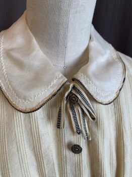 N/L MTO, Cream, Cotton, Stripes - Pin, 1850's Made To Order, Self Textured Fabric, Black/White Eyelet Lace Trim, L/S, Silver Embossed Buttons Over Hidden Hook & Eyes, Peter Pan Collar
