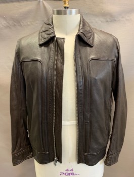 ANDREW MARC, Chocolate Brown, Leather, Solid, Zip Front, Zipper Pockets, Silver Chrome Notions, Underarm Vents