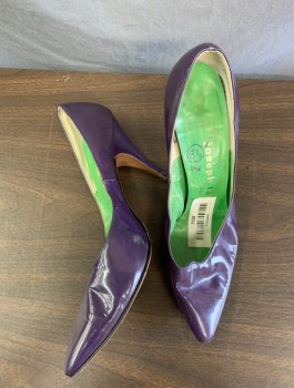 JOSEPH LAROSE, Dk Purple, Leather, Solid, Heels, Patent Leather, Rounded Point Toe, with Scallop Detail at Center Front Foot Opening, 4" Stiletto Heel, **White Paint on Toe
