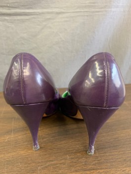 JOSEPH LAROSE, Dk Purple, Leather, Solid, Heels, Patent Leather, Rounded Point Toe, with Scallop Detail at Center Front Foot Opening, 4" Stiletto Heel, **White Paint on Toe