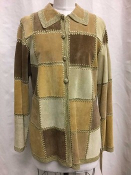 Denim & Co, Beige, Lt Brown, Brown, Suede, Synthetic, Patchwork, Knit Trim, Button Front, Collar Attached,