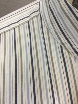 N/L, White, Lt Blue, Multi-color, Cotton, Stripes - Pin, White with Light Blue, Gray and Charcoal Pin Stripes of Assorted Widths, B.F., L/S, Band Collar, No Pocket, Short French Cuffs,  with Matching Detached Collar, MULTIPLES