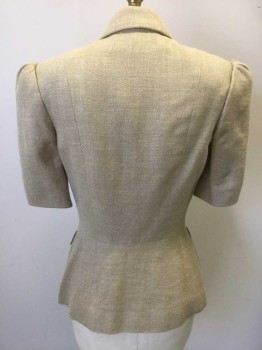N/L, Beige, Brown, Linen, Cotton, Solid, Chunky/Textured Weave Linen/Cotton, Short Sleeves, Puffy Padded Shoulders, Notched Collar, 4 Brown Leather Buttons, 4 Flap Pockets with Brown Button Closures, Beige Silk Lining, Made To Order Reproduction