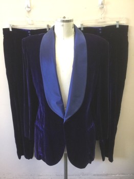 DROP DEAD COLLECTION, Dk Blue, Royal Blue, Polyester, Solid, Velvet With Taffeta Oversized Shawl Lapel, 1 Button, 3 Pockets, Shoulder Pads, Lining is Royal Blue with Gold Celestial Moon and Stars Pattern, 2 Pairs Of Pants