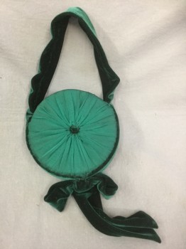 N/L MTO, Forest Green, Solid, Forest Green Gathered/Pleated Chiffon in Starburst Formation, Velvet Sides, Handle, and Bow at Bottom, Circular Shape, No Closures at Opening, Made To Order Reproduction