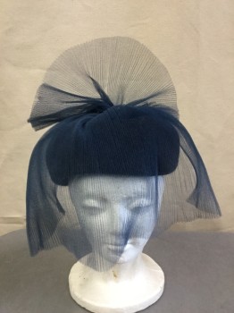 PATRICIA UNDERWOOD, Dusty Blue, Wool, Synthetic, Solid, Pill Box, Pleated Tulle Veil