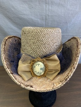 N/L, Taupe, Navy Blue, Straw, Silk, Taupe Straw, Flat Crown, Brim Curved Up at Sides, Navy Netting Attached, Beige Grosgrain Bow with Large Gray/White Cameo Pin with Gold Edges at Center Front, Champagne Brocade at Top of Brim, Made To Order Reproduction