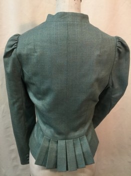 ERIC WINTERLING, INC, Teal Green, Lt Brown, Tan Brown, Wool, Polyester, Heathered, Herringbone, Heather Teal, Light Brown, Tan Herringbone, Shinny Khaki Lining, Stand Collar Attached, Cover Button Front, Puffy Long Sleeves, Accordion Pleat Back Hem