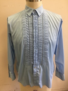UGO VALLINI, Baby Blue, Poly/Cotton, Solid, Long Sleeve Button Front, Collar Attached, Pleated and Ruffled Front, French Cuffs