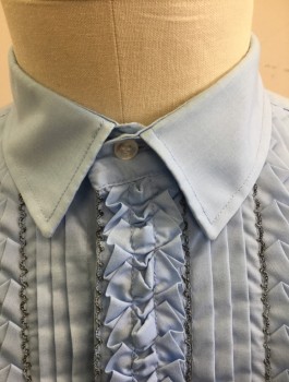 UGO VALLINI, Baby Blue, Poly/Cotton, Solid, Long Sleeve Button Front, Collar Attached, Pleated and Ruffled Front, French Cuffs