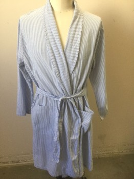 LANDAU, Lt Blue, White, Poly/Cotton, Stripes - Vertical , Long Sleeves, Shawl Lapel, 2 Patch Pockets at Hips, Self Ties Attached at Waist
