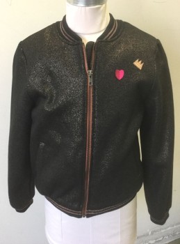 CATIMINI, Iridescent Black, Gold, Poly/Cotton, Speckled, Novelty Pattern, Girls, Black with Gold Glitter Iridescent Weave, Bomber Jacket, Zip Front, Red/Pink Heart and Gold Crown Patches at Left Side, Black with Gold Stripes Rib Knit Neck, Cuffs and Waistband, 2 Welt Pockets