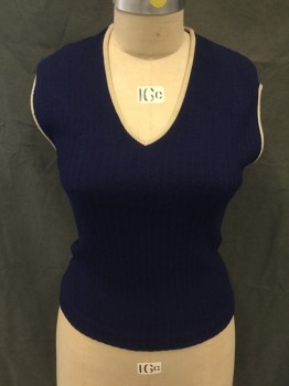 SHILLITO'S, Indigo Blue, Off White, Wool, Solid, Pullover, Ribbed Knit, Off White V-neck Trim, Off White Armholes, *Moth Holes*