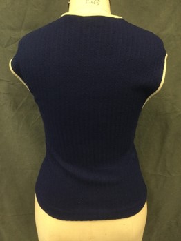 SHILLITO'S, Indigo Blue, Off White, Wool, Solid, Pullover, Ribbed Knit, Off White V-neck Trim, Off White Armholes, *Moth Holes*