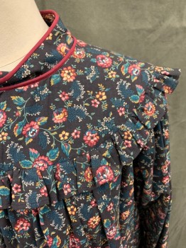 N/L, Faded Black, Maroon Red, Pink, Green, Teal Green, Cotton, Floral, Round Yoke with Ruffle, Gathered at Yoke, Band Collar with Maroon Piping, Long Sleeves, Hook & Eyes Cuff, 3 Buttons Back,