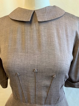 LADY ALICE, Dusty Purple, Rayon, Heathered, Peter Pan Collar,  Zip Back, Self Arrow Detail From Waistband, Cuffed Short Sleeves, Pleated at Cuff, 2 Pockets, Hem Below Knee, *Repairs at Center Back Hem*
