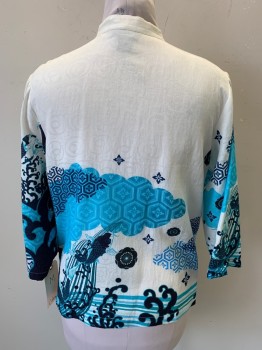 CITRON, White, Navy Blue, Turquoise Blue, Lt Blue, Silk, Cotton, Animal Print, Asian Inspired Theme, Patterned Clouds and Koi Fish, Long Sleeves, Button Front, Mandarin/Nehru Collar,