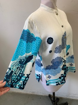 CITRON, White, Navy Blue, Turquoise Blue, Lt Blue, Silk, Cotton, Animal Print, Asian Inspired Theme, Patterned Clouds and Koi Fish, Long Sleeves, Button Front, Mandarin/Nehru Collar,