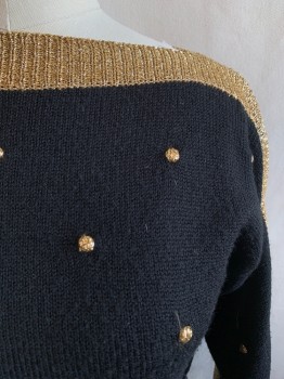 N/L, Black, Gold, Acrylic, Color Blocking, Dots, Black Background with Gold Balls Sewn On, Gold Thick Stripe on Neck, Shoulders, Cuffs, and Waistband, Boat Neck