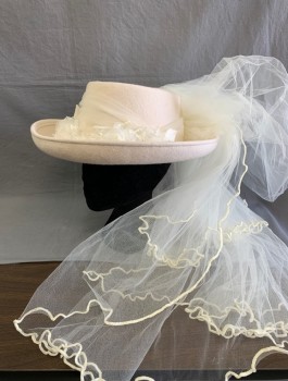 N/L, Cream, White, Wool, Silk, Wedding Hat, Felt with Flat Crown, Curled Brim, White Silk Flowers and Pearls, Train of Tulle Netting Attached in Back