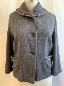 N/L, Medium Gray, Wool, Heathered, 3 Large Button Front, Large Round Collar, Black/Cream Stripe Embroidered Trim, 2 Pockets, with Trim