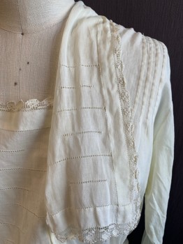 BULLOCK'S, Cream, Cotton, Solid, Long Sleeves, Button Off Center Front, Sailor Collar with Faggotting Detail and Lace Trim, Center Front Panel with Fagotting Detail, Long Sleeves, Extended Cuff with Lace Trip and Fagotting Detail, Pintuck Pleats at Shoulder, *Small Holes in Right Cuff and at Waistband,
