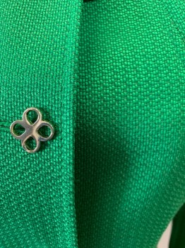 TAHARI, Kelly Green, Polyester, Rayon, Solid, Basket Weave, Jewel Neck, Cuffed Sleeves, 4 Gold Shamrock Looking Button Front,