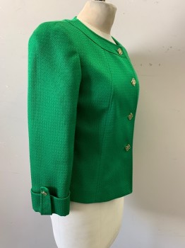 TAHARI, Kelly Green, Polyester, Rayon, Solid, Basket Weave, Jewel Neck, Cuffed Sleeves, 4 Gold Shamrock Looking Button Front,