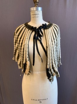 N/L, Beige, Olive Green, Wool, Acrylic, Stripes, Capelet, Striped, Aged/Distressed,  Black Ribbon Tie Closure, Fringe Ends