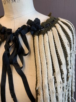 N/L, Beige, Olive Green, Wool, Acrylic, Stripes, Capelet, Striped, Aged/Distressed,  Black Ribbon Tie Closure, Fringe Ends
