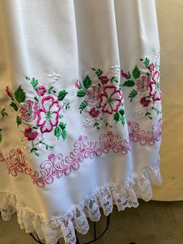ERNST LICHT, White, Cotton, Half Apron, Magenta & Green Floral Embroidery, Pleated, Lace Trim, German/Bavarian