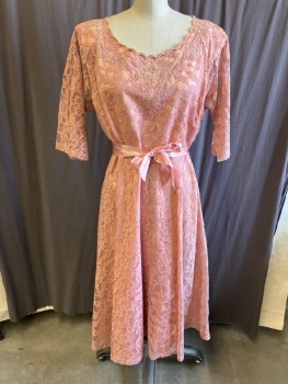 N/L, Peach Orange, Synthetic, Solid, Scoop Neck,  Lace, 3/4 Sleeve, CF  Sequins, & Pearls, Side Zipper , Ribbon Belt