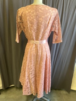 N/L, Peach Orange, Synthetic, Solid, Scoop Neck,  Lace, 3/4 Sleeve, CF  Sequins, & Pearls, Side Zipper , Ribbon Belt
