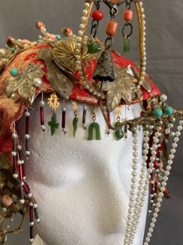 HARRY ROTZ, Red, Gold, Green, White, Pink, Beaded, Silk, Asian Inspired Theme, Beaded Wire Crown, Beaded Fringe, Real Bits of Hand Carved Jade, Cascading Strands of Mini Pearls Center Front, in Need of some Loving Care, Fragile