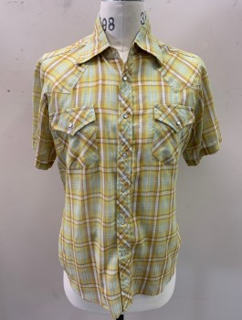 SEARS WESTERN WEAR, Yellow, Ecru, White, Baby Blue, Poly/Cotton, Plaid, S/S, Snap Front, 2 Chest Pockets, Pearl Snaps