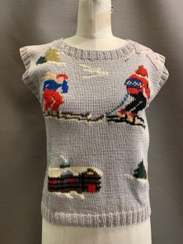 SHADOW NY, Gray, Red, Blue, Black, Multi-color, Acrylic, Holiday, Crew Neck, Ski Theme, Cable Knit, Buttons On Left Shoulder