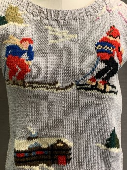 SHADOW NY, Gray, Red, Blue, Black, Multi-color, Acrylic, Holiday, Crew Neck, Ski Theme, Cable Knit, Buttons On Left Shoulder