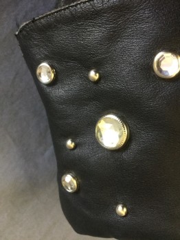 N/L, Black, Silver, Leather, Rhinestones, Black Leather with Silver Circular Rhinestones in Silver Setting and Silver Studs on Folded Over Ankle Cuff, Pointed Toe, Small 2" Angled Heel,